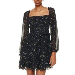 Wilfred Tempest Dress Black Floral Smocked Chiffon Mini Dress Large Aritzia